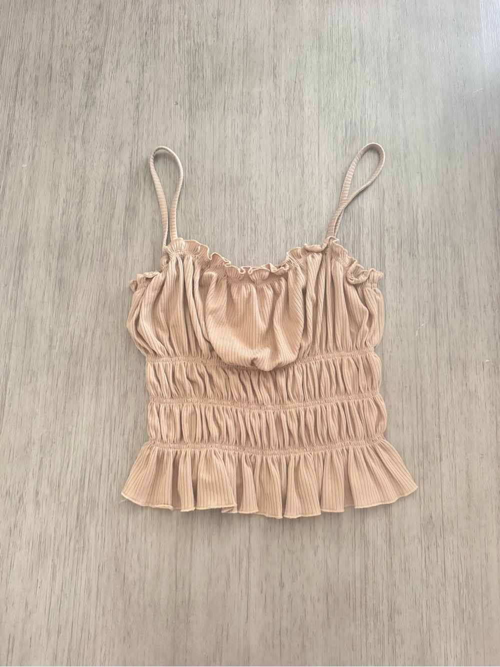 Capella Smocked Ruffle Crop Cami | Beige Ribbed Tank Top | Women’s Medium